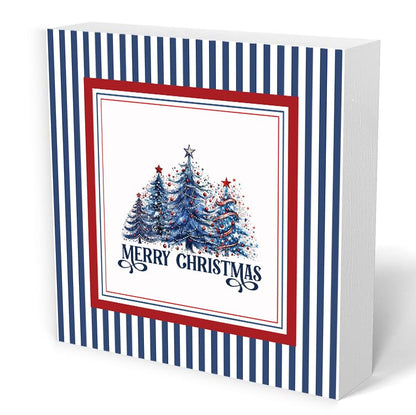 Red, Blue & White Christmas Tree Wooden Sign - 5x5 Inch Holiday Decor - Blue & Red Variation
