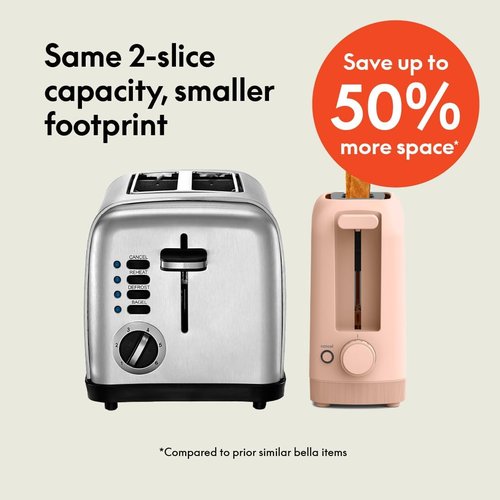 Bella 2 Slice Slim Toaster - 6 Setting Shade Control with Reheat & Cancel | 10” Long Slot, Blossom Color
