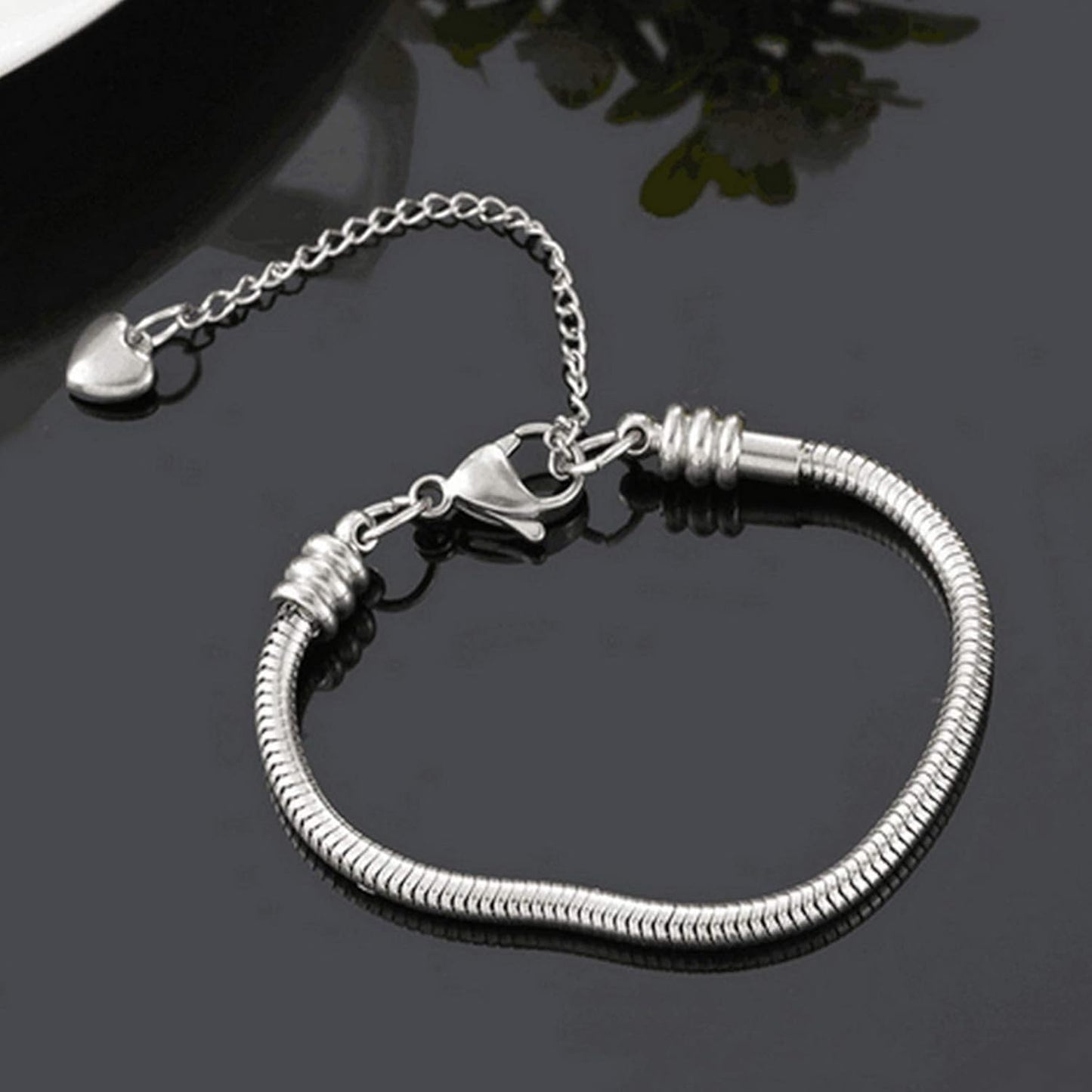 Skiennix Women's Snake Chain Charm Bracelet - Memorial Slider Design, 6 Inch Stainless Steel