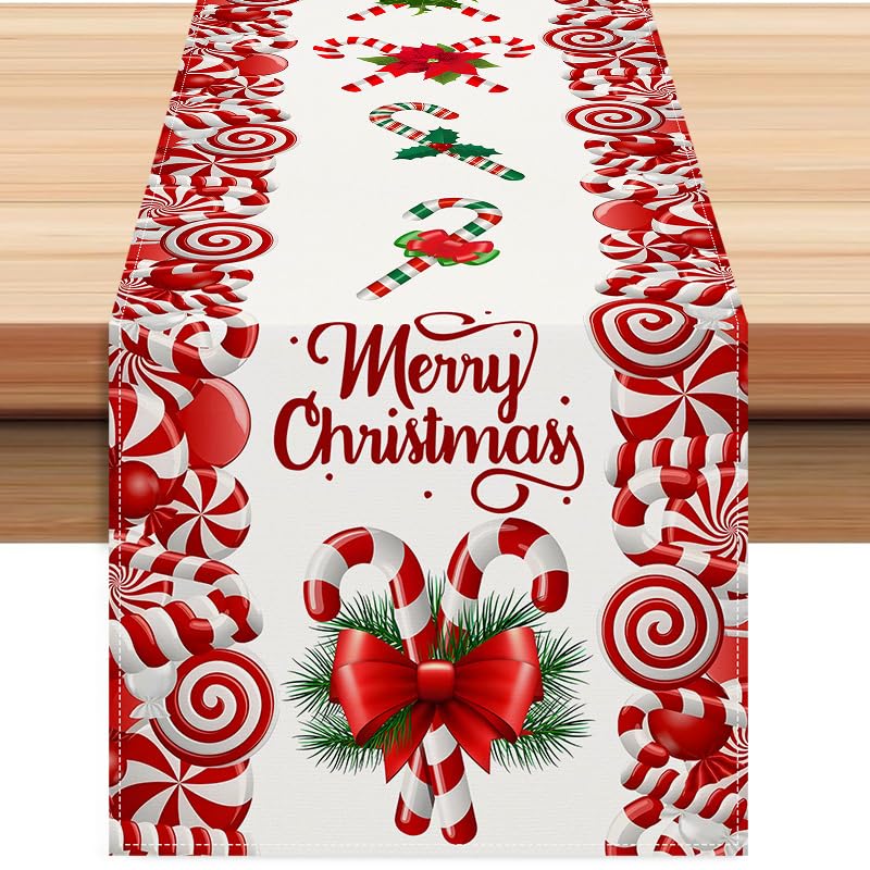 Christmas Linen Red and White Candy Cane Table Runner 72 Inches - Seasonal Holiday Farmhouse Decor - Variation: Red