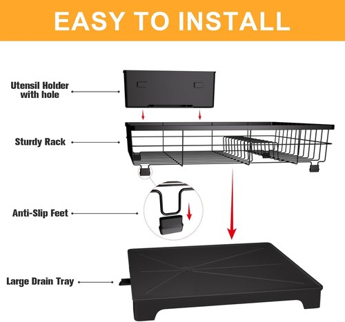 HappyHapi Drying Rack - Durable Dish Rack with Drainboard & Utensil Holder for Kitchen Organization (Black)