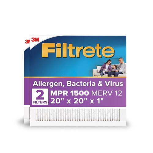 Filtrete 20x20x1 Air Filter MERV 12, MPR 1500 Certified Asthma & Allergy Friendly 2-Pack, AC Furnace HVAC Filters for Home, 3-Month Pleated Electrostatic (Actual Size 19.69x19.69x0.78 in)