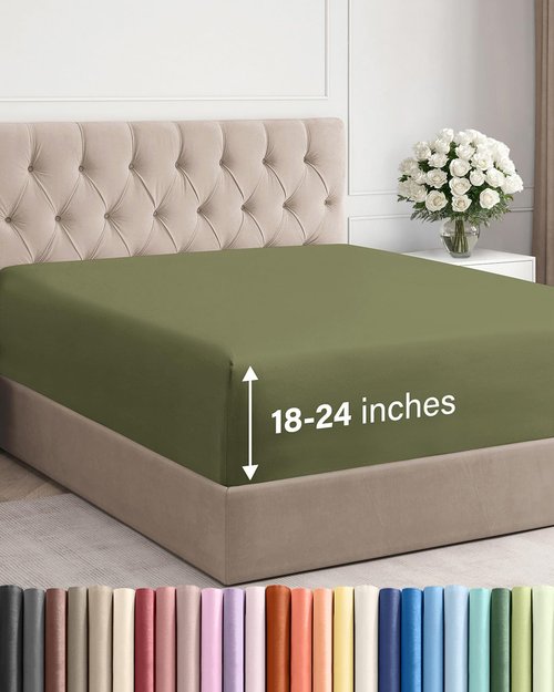 Extra Deep Queen Fitted Sheet - Hotel Luxury Single Fitted Sheet Only - Easily Fits 18 inch to 24 inch Mattress - Ultra Soft, Wrinkle & Fade Free w/Extra Deep Pocket - Breathable & Comfy - Sage Green