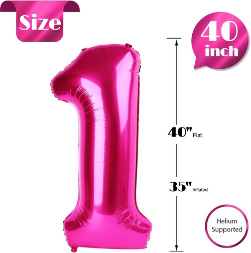 Hot Pink Number 1 Balloon - 40 Inch 1st Birthday Decoration for Boys & Girls | Shiny Party Supplies