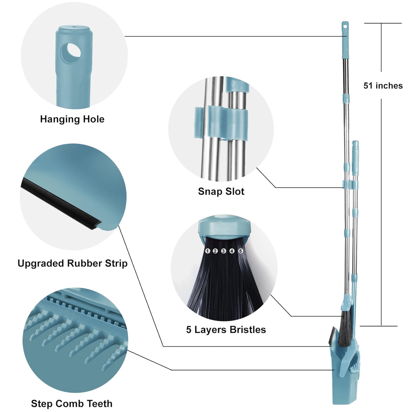 Tiumso Upgrade Broom and Dustpan Set, Broom with Dustpan Combo Set, Large Broom and Dust Pan with Handle, Self-Cleaning Dust Pans, Heavy Duty Broom and Dustpan Set for Lobby Kitchen Office - Green