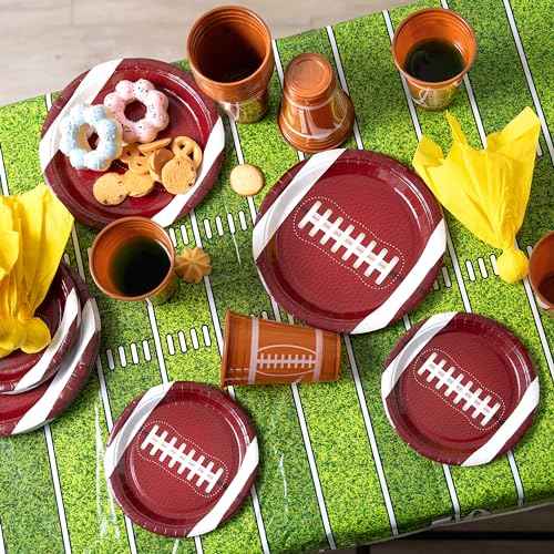 JOYIN 73 PCS Football Party Supplies, 18pcs 9''Plates, 18pcs 7''Plates, 18 Plastic Cups, 18 Napkins, Tablecloth Football Gameday Party Tableware Set for Birthday Party Decorations Serve 18