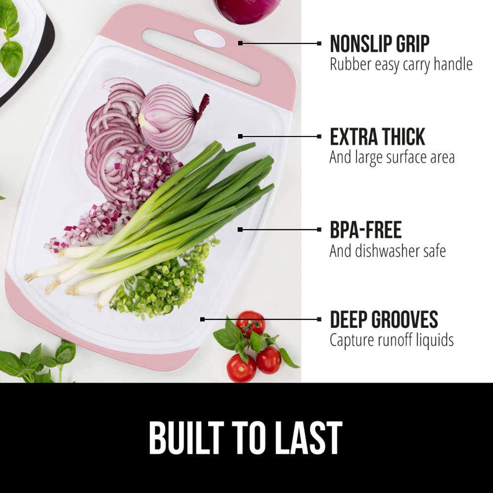 The Original Gorilla Grip Oversized 100% BPA Free Reversible Durable Kitchen Cutting Board Set of 3, Juice Grooves, Dishwasher Safe, Easy Grip Handle Border, Food Chopping Boards, Cooking, White Pink