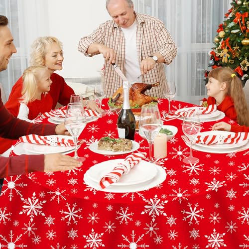 12 Pack Christmas Snowflake Tablecloths - Red & White, 80 Inch Round Plastic Holiday Table Cover - Winter Party Decor
