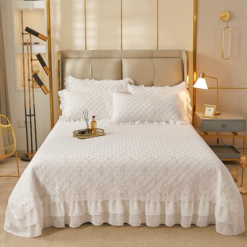 Queen White Plaid Quilted Bedspread with Ruffle Lace Decor