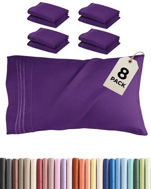 King Pillow Cases Set of 8 - Ultra Soft Hotel Quality Pillowcase Covers - Comfy & Wrinkle Free - Shrink, Stain and Fade Resistant - Easy-Care, Machine Washable Pillow Protectors - 8 Piece Set - Purple