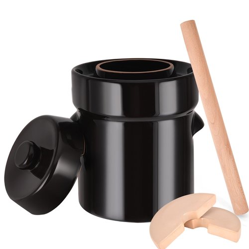 Fermentation Crock 5 Liter / 1.3 Gallon, Sauerkraut Crock with Lid, Weights & Pounder - Ceramic Fermenting Crock Kit for Pickling Cabbage Kimchi Pickle Vegetables- Sauerkraut Fermentation Crock.