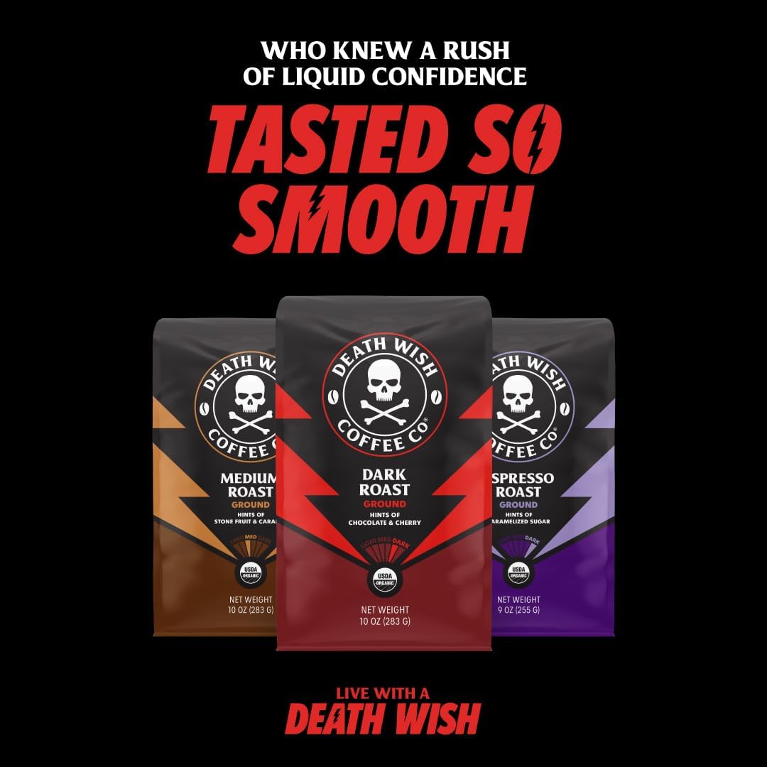 Death Wish Coffee Co. Whole Bean Espresso Roast - Extra Kick of Caffeine - Organic, Fair Trade, Arabaica and Robusta Coffee Beans, 14 ounce (Pack of 1)