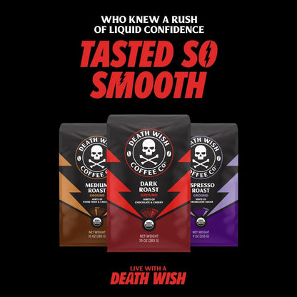 Death Wish Coffee Co. Whole Bean Espresso Roast - Extra Kick of Caffeine - Organic, Fair Trade, Arabaica and Robusta Coffee Beans, 14 ounce (Pack of 1)