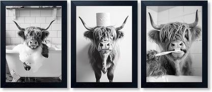 Highland Cow Wall Art | Framed Bathroom Decor - Cute Black and White 3-Piece Canvas Set