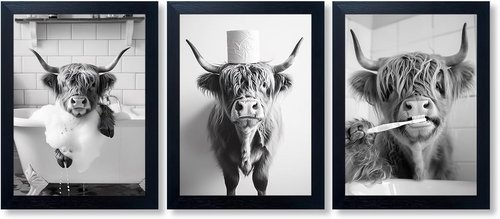 Highland Cow Wall Art | Framed Bathroom Decor - Cute Black and White 3-Piece Canvas Set