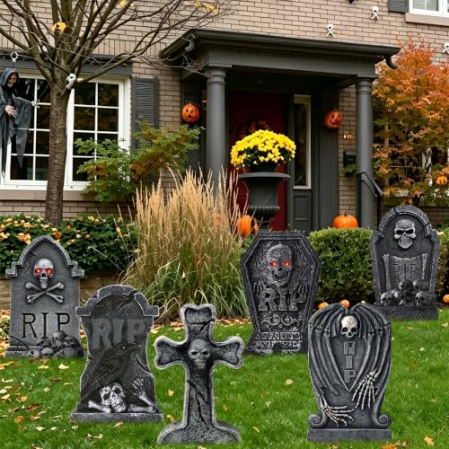 Halloween Graveyard Tombstone Decorations Set of 6 with Stakes - 17 Inch Outdoor Yard Signs for Halloween Party & Lawn Decor