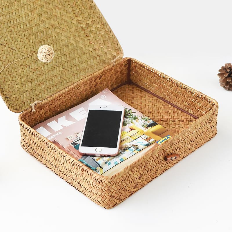 Seagrass Storage Baskets - Decorative Wicker Baskets with Lid for Organized Shelving | Shallow Design