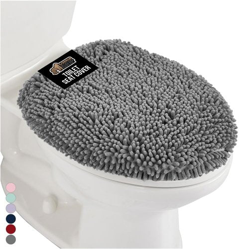 GORILLA GRIP Soft Chenille Bathroom Toilet Lid Cover, Machine Washable Seat Covers, 19.5x18.5, Stays in Place Rubber Backing, Fits Most Round, Elongated and Oblong Lids, Accessories Decor, Grey