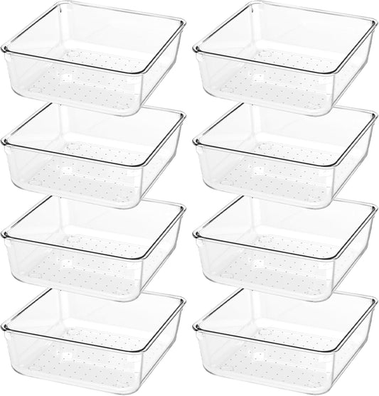 Skiennix 8 PCS Clear Plastic Drawer Organizer Trays - Versatile Storage for Makeup, Office & Kitchen