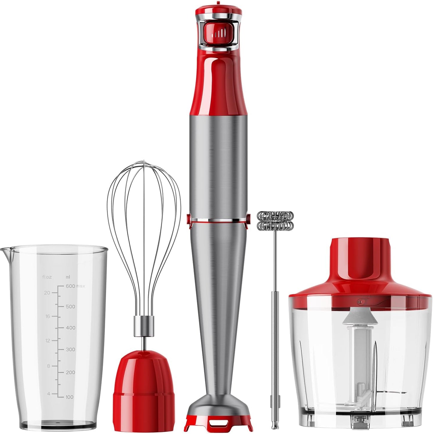 Skiennix Immersion Blender - 1100W Handheld Stick Blender Set with Variable Speed, Chopper, Whisk & Frother - Christmas Red