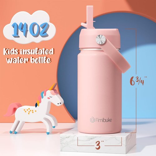 Fimibuke Kids Insulated Water Bottle - 14oz BPA-Free Stainless Steel Tumbler | Leak-Proof Design, Cotton Candy
