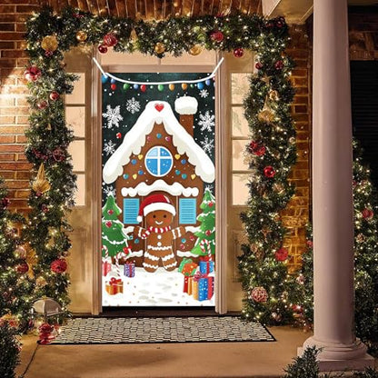 Gingerbread House Holiday Door Cover - Christmas Porch Decor 35x71 in