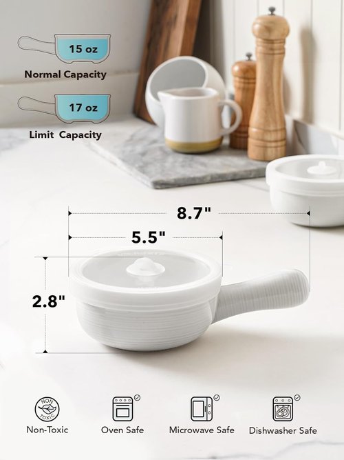 LE TAUCI Soup Bowls - 15 Oz Non-Toxic Ceramic Crocks with Handles & Silicone Lids | Set of 2, White