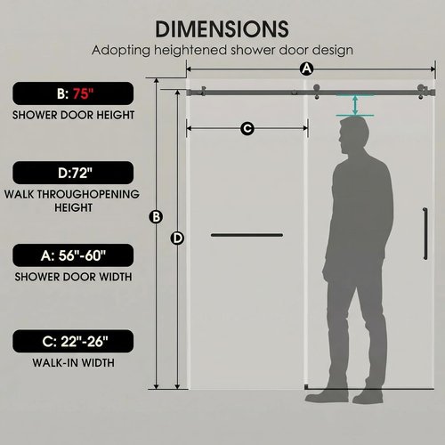 Frameless Glass Shower Door - 5/16'' Sliding Bathroom Door | 56-60 in. W, 75 in. H, Matte Black