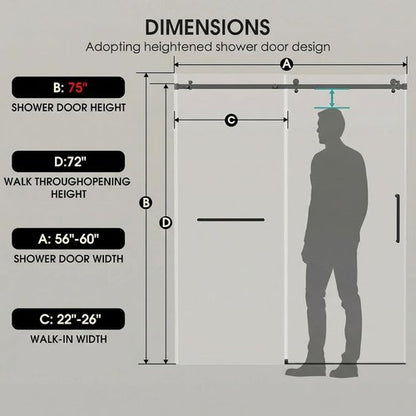 Frameless Glass Shower Door - 5/16'' Sliding Bathroom Door | 56-60 in. W, 75 in. H, Matte Black