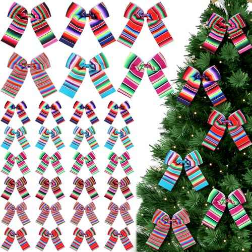 24 Pcs Christmas Mexican Serape Bows 5.5 Inch Christmas Mexican Ornaments Mexicano para Fiesta Colorful Rainbow Stripes Bowknots for Xmas Tree Gift Wrapping Wreath