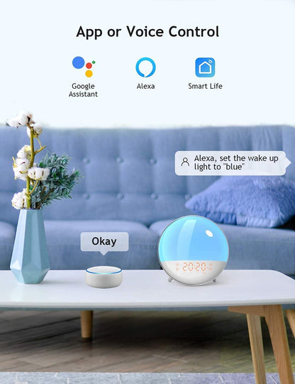 Smart Sunrise Alarm Clock, Wake Up Light Alarm Clocks for Bedrooms, Teens Heavy Sleepers Kids,Sleep Aid with FM Radio, Sunrise/Sunset Simulation, 4 Alarm Clock, 7 Alarm Sounds, APP Remote Control