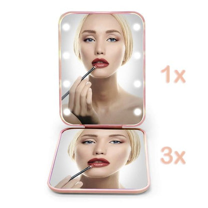 Kintion LED Compact Travel Makeup Mirror - 1X/3X Magnification, Portable & Folding, Pink