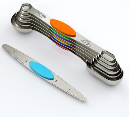 Skiennix Magnetic Measuring Spoons Set - 304 Stainless Steel, Adjustable & Stackable | 7-Piece Multi-Color Set