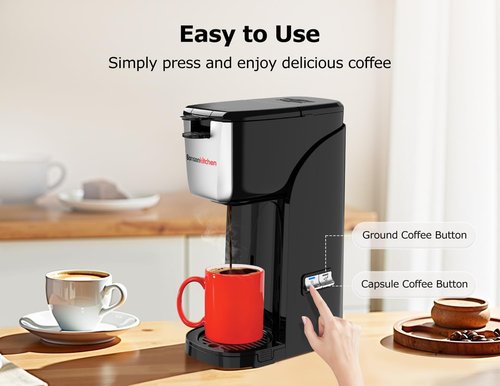 Bonsenkitchen 2-in-1 Coffee Maker - Fast Brewing for K-Cup & Ground Coffee (6-14oz) | Compact & Travel Mug Compatible for Home or Office