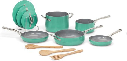 Cuisinart 12-Piece Ceramic Cookware Set - Nonstick Pots & Pans for Even Heat Cooking | Teal, Dishwasher Safe