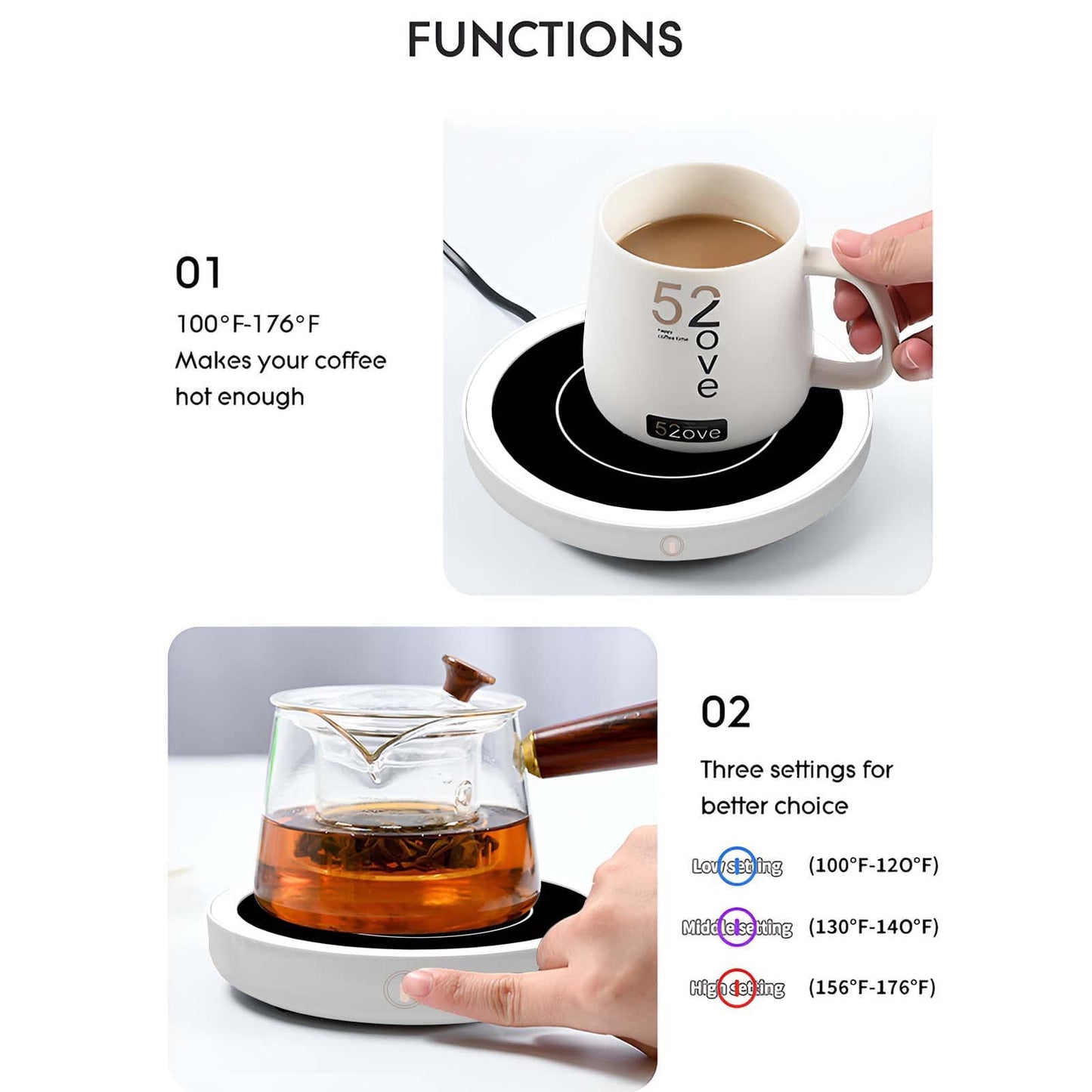 Coffee Mug Warmer for Desk, Cup Warmer with 3 Temperature Setting, Wax Melt Warmer Heating Plate