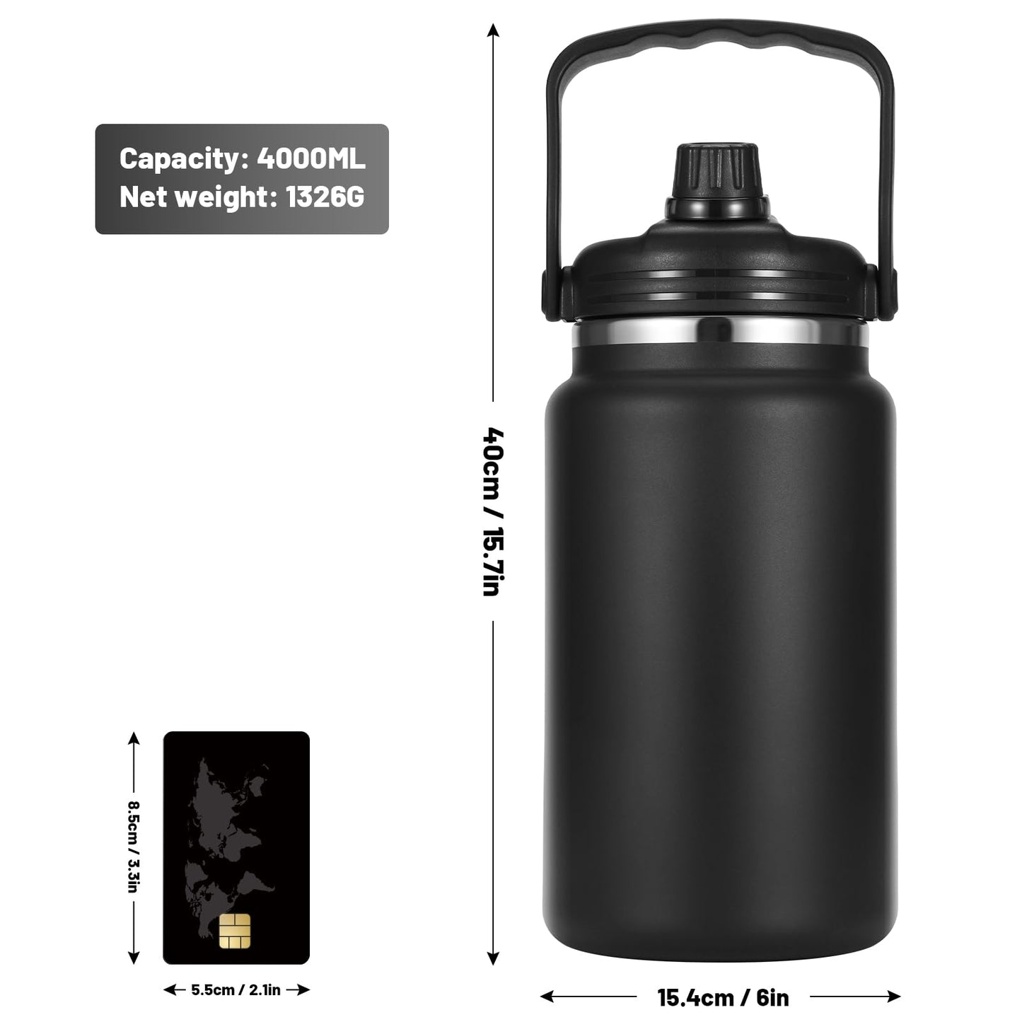 Olerd 135oz/1 Gallon Coffee Insulated Thermoses for Travel - Large Insulated Water Jug Classic Vacuum Bottle with Straw - 4.0L Stainless Steel Ice buckets for Hiking Fishing（Black）