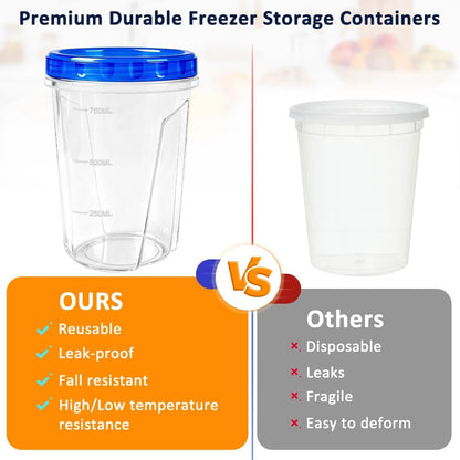 Skiennix 34oz Reusable Freezer Storage Containers - Airtight Twist Top Lids | 15 Pack Clear Plastic Meal Prep Solutions