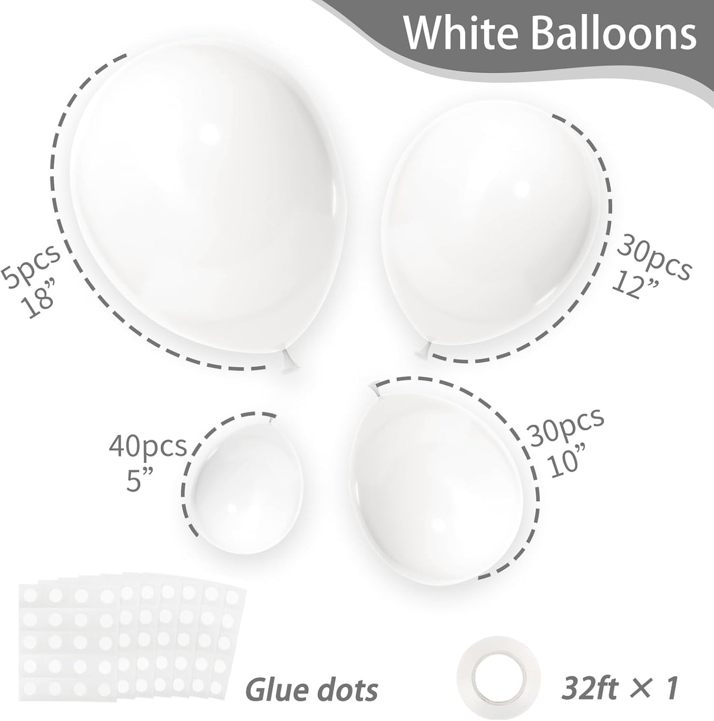 RUBFAC White Balloons - 105pcs in 5/10/12/18 Inch Sizes | Perfect for Party Decorations & Celebrations