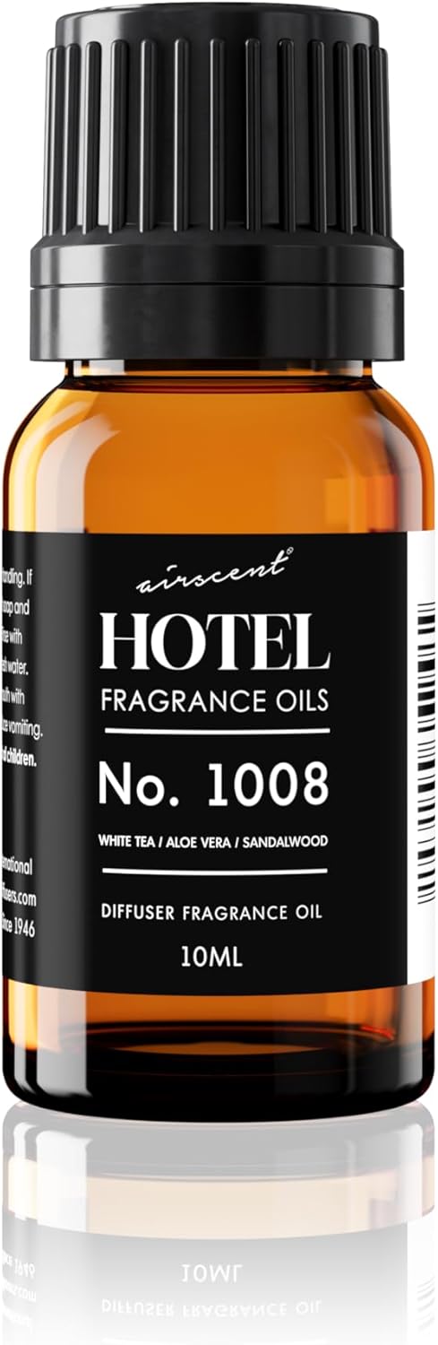 AirScent Hotel Diffuser Oil No. 1008 - Premium White Tea, Aloe Vera & Sandalwood Fragrance - 10 mL Glass Bottle