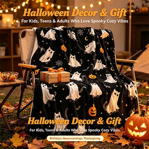 Halloween Throw Blanket Grid Pumpkin Cat Bat Ghost Flannel Design09 - Cozy Festive Home Decor Gift