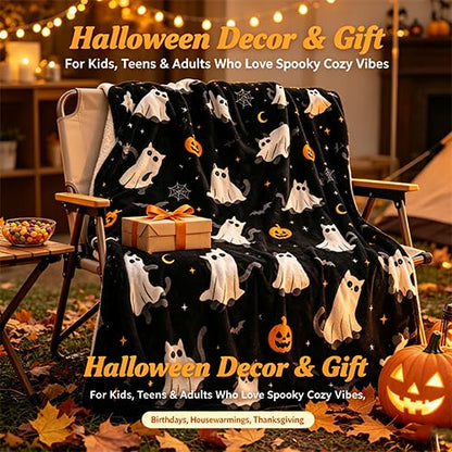 Halloween Throw Blanket Grid Pumpkin Cat Bat Ghost Flannel Design09 - Cozy Festive Home Decor Gift