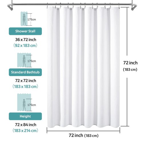 Vipfree 3 in 1 Shower Curtain Set, Waffle Shower Curtain and Liner Set with 12 Double Sided Shower Curtain Hooks, 258GSM Luxury Weighted Cloth Shower Curtains for Bathroom, 72 W x 72 H, White