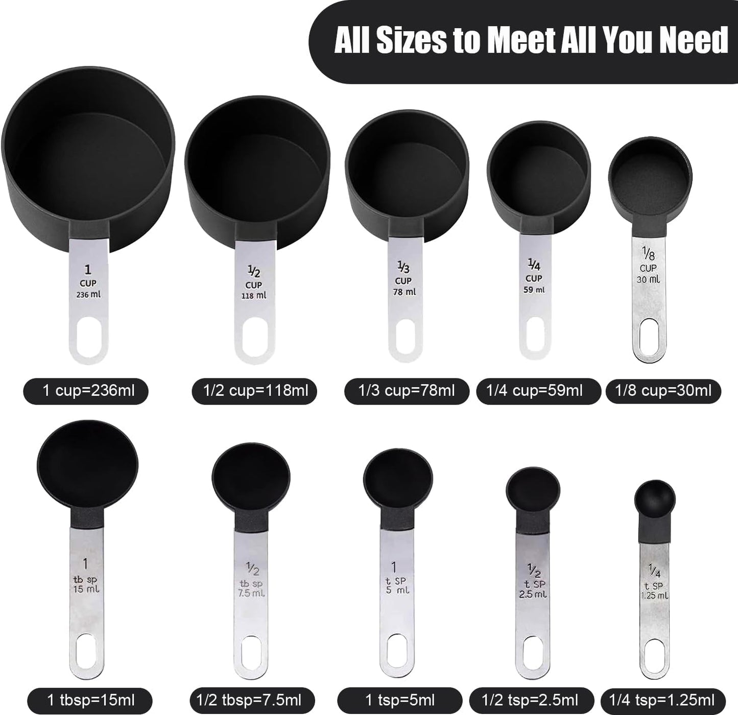 Skiennix 10-Piece Measuring Cups and Spoons Set - Stackable Kitchen Tools with Stainless Steel Handles | Black