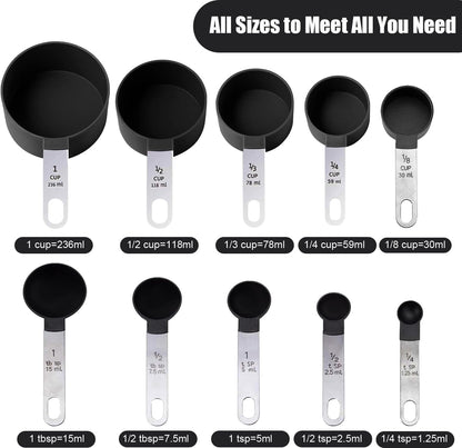 Skiennix 10-Piece Measuring Cups and Spoons Set - Stackable Kitchen Tools with Stainless Steel Handles | Black