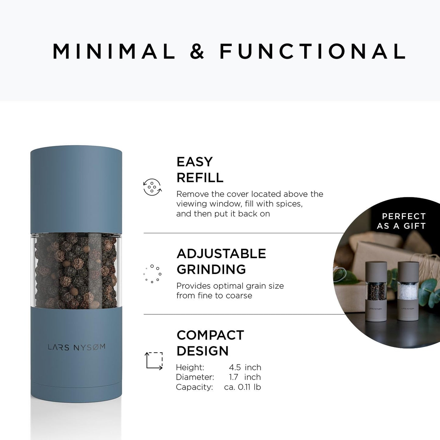 LARS NYSØM Salt and Pepper Grinder Set I Salt and Pepper Mills with Adjustable Ceramic Grinder 2 pieces I Manual Design Spice Mill Set (Blue)