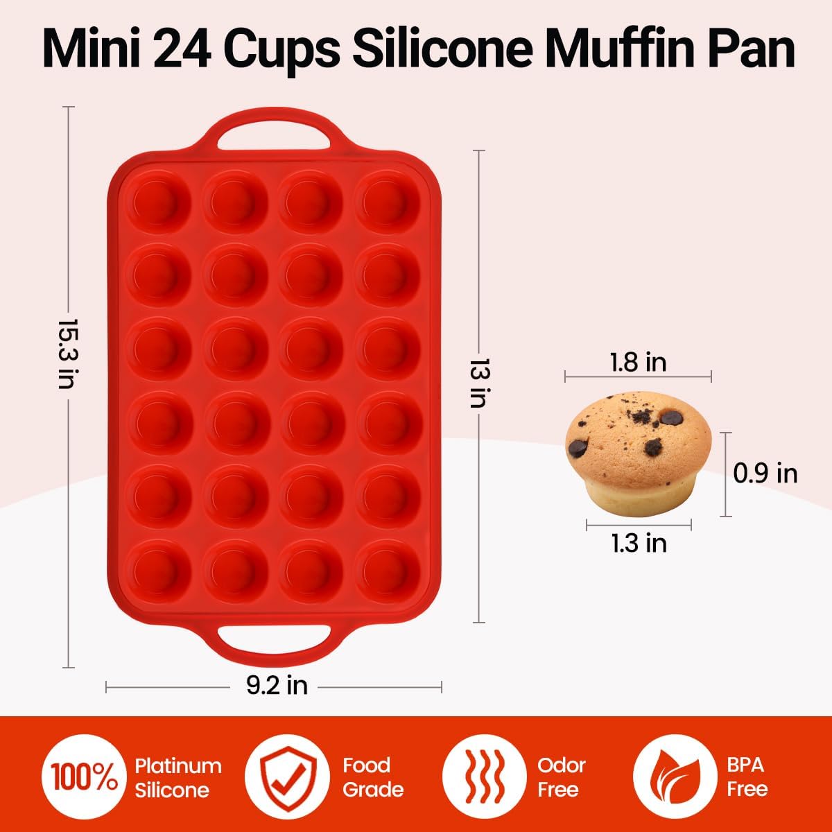 CAKETIME Silicone Mini Muffin Pan - 24-Cup BPA-Free Muffin Tin with Metal Reinforcement & Handles | Red, 2-Pack