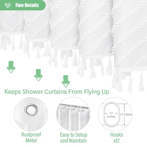Dynamene Boho Farmhouse Shower Curtain, White Fabric Tufted Chevron Striped Textured Tassel Shower Curtains for Bathroom, Water Repellent, Minimalist Ruffled Cloth Shower Curtain Set with Hook, 72x72