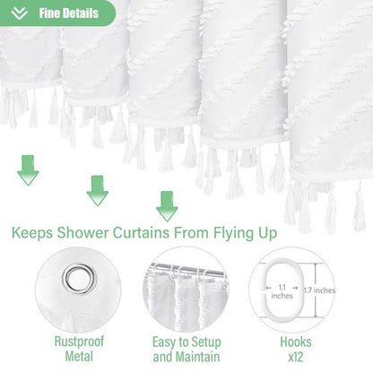 Dynamene Boho Farmhouse Shower Curtain, White Fabric Tufted Chevron Striped Textured Tassel Shower Curtains for Bathroom, Water Repellent, Minimalist Ruffled Cloth Shower Curtain Set with Hook, 72x72