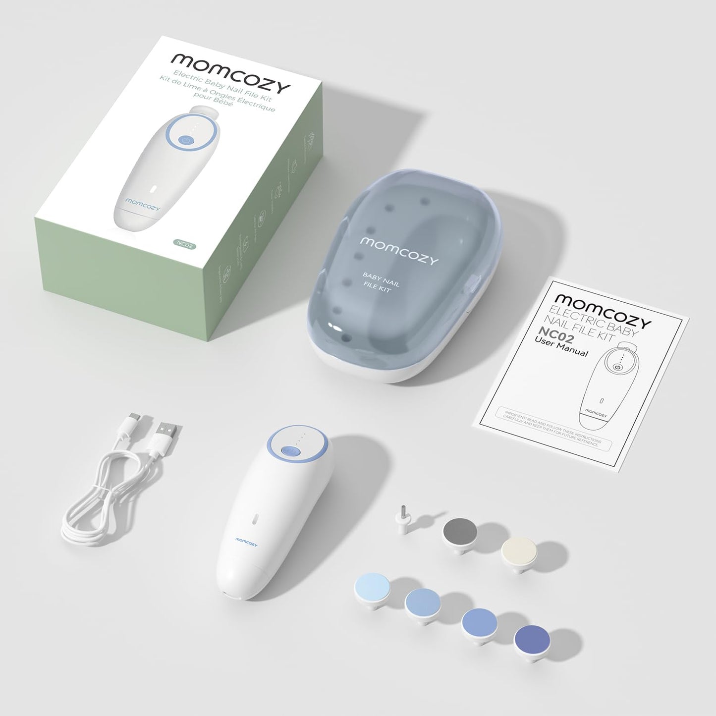 Momcozy Electric Baby Nail File - Gentle Trimmer with Night Light & 7 Grinding Heads - Blue